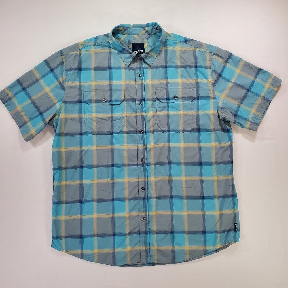 Prana Shirt Men 2XL Blue Plaid Nylon Short Sleeve Button Up Outdoor Gorpcore